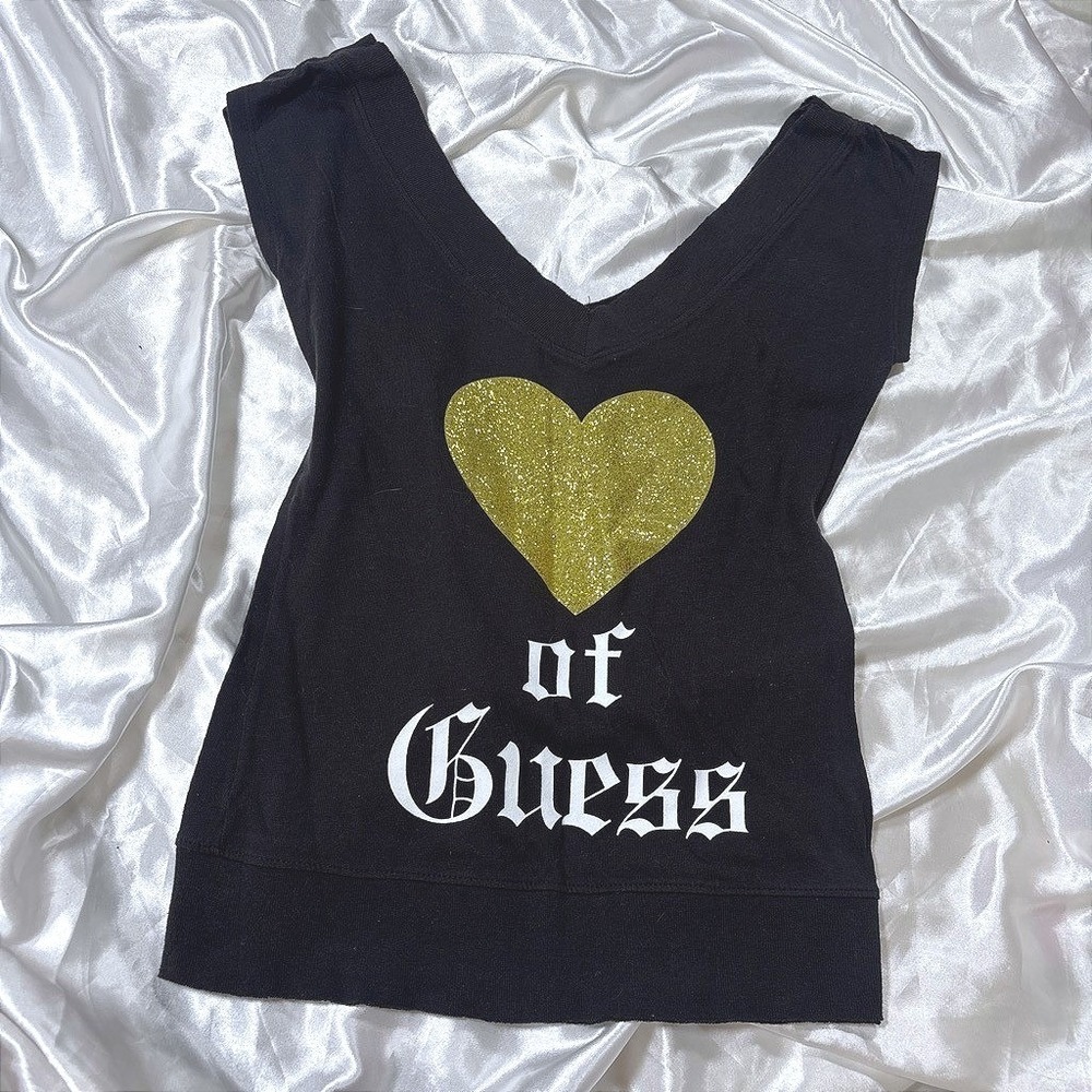 y2k vintage Guess Graphic Tee Black Gold Glitter Heart Gothic Font XS
